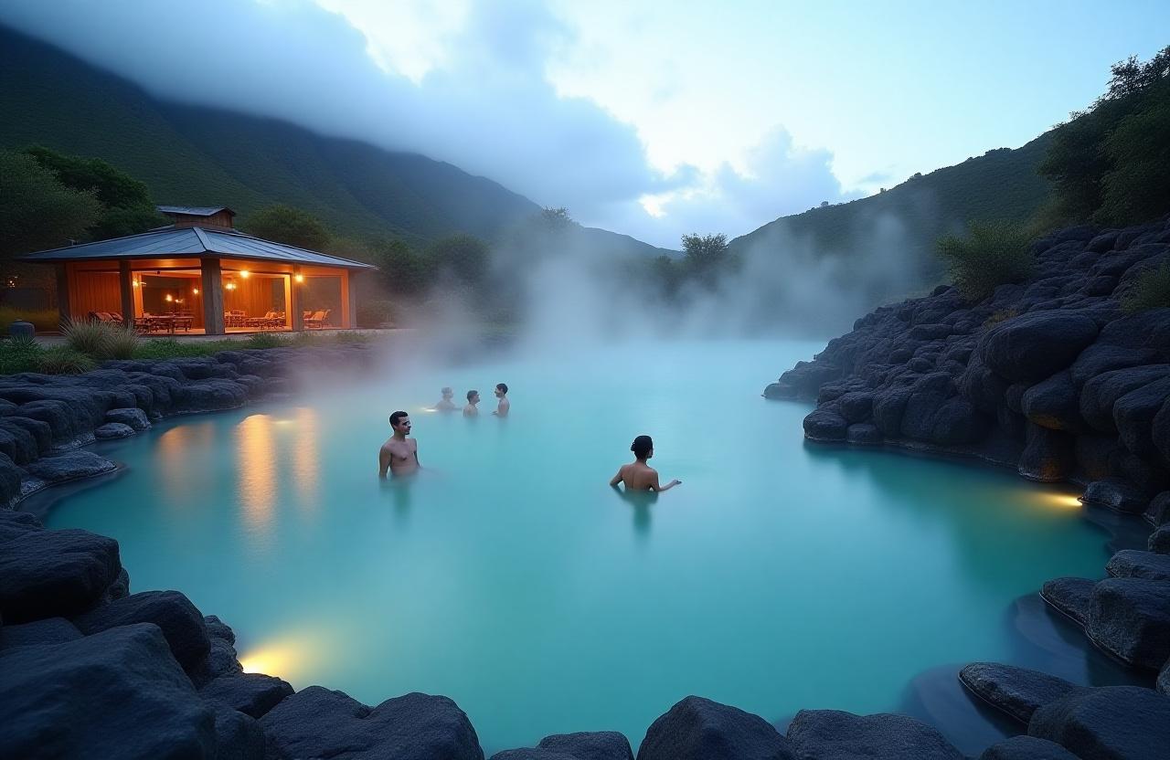 Luxury geothermal hot spring pool surrounded by volcanic rocks
