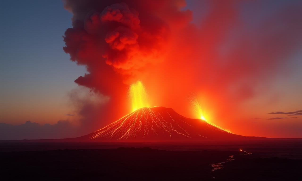 Dramatic volcanic eruption with lava fountains photographed at sunset